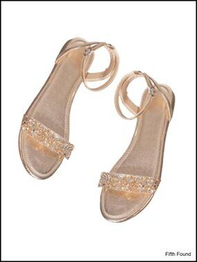Metallic Sparkly Flat Sandals with Ankle Strap Open Toe Dressy Summer Wedding